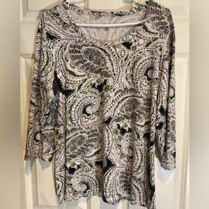Style & Co Cotton Long Sleeve Pullover Top - Green Black Gray Print Sz XL